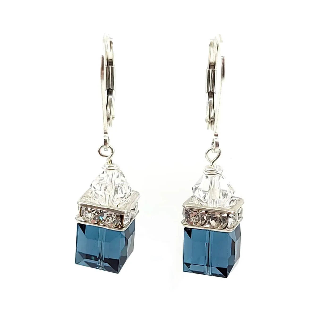 Earrings - Square Montana Blue Crystal with Sterling Silver Leverback by Sugar Sidewalk
