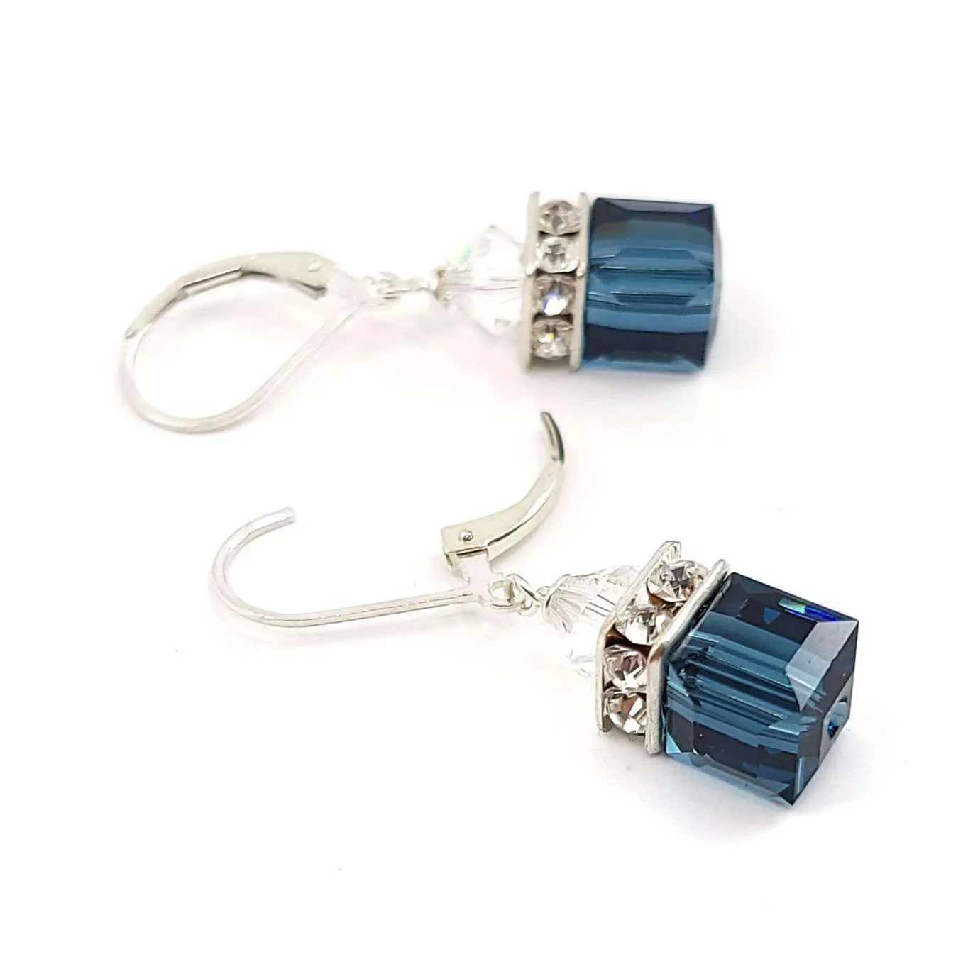 Earrings - Square Montana Blue Crystal with Sterling Silver Leverback by Sugar Sidewalk