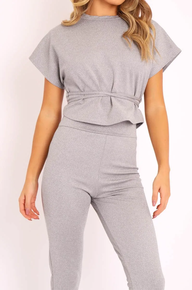 Grey Glitter Crop Top Trouser Co-ord - Evamarie