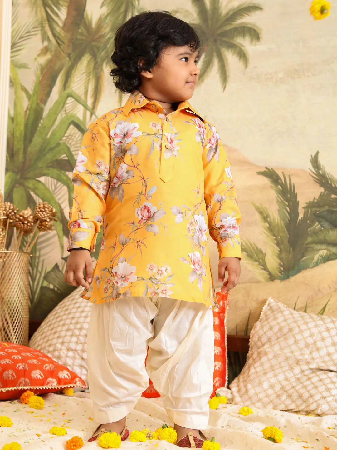 Jashvi Boy's Yellow Floral Printed Kurta Patiala Set