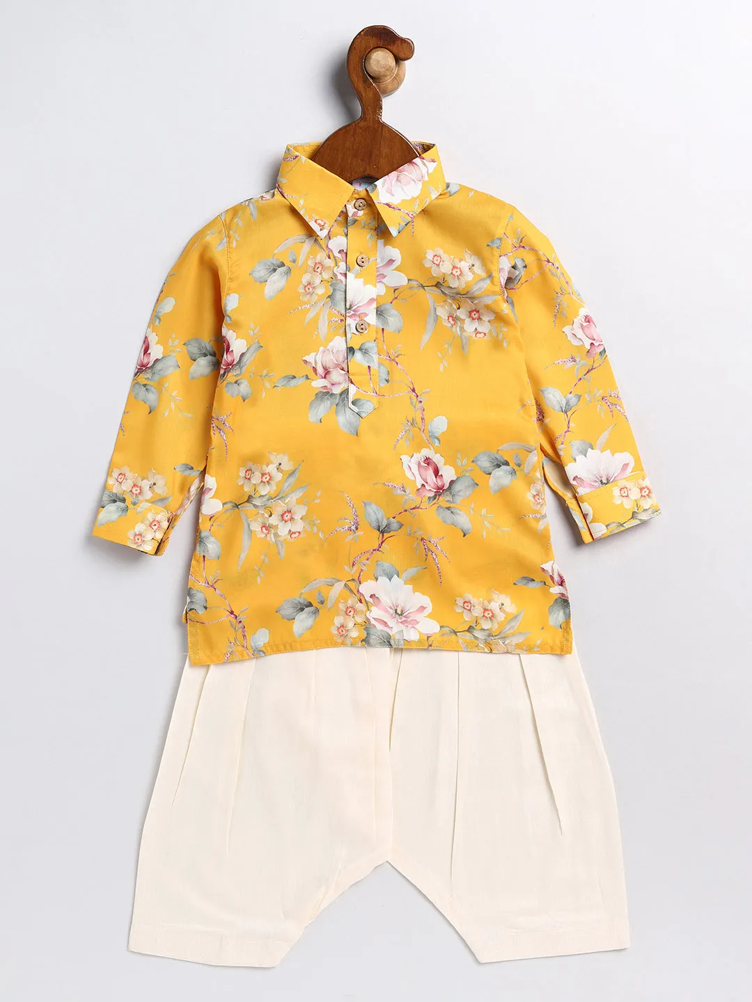 Jashvi Boy's Yellow Floral Printed Kurta Patiala Set