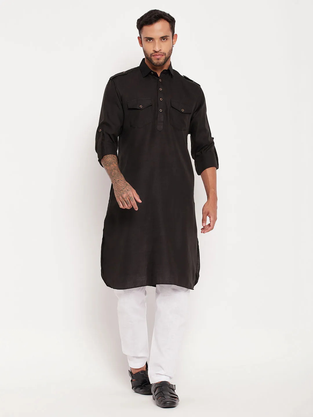 Jashvi Men's Black And White Cotton Blend Pathani Suit Set