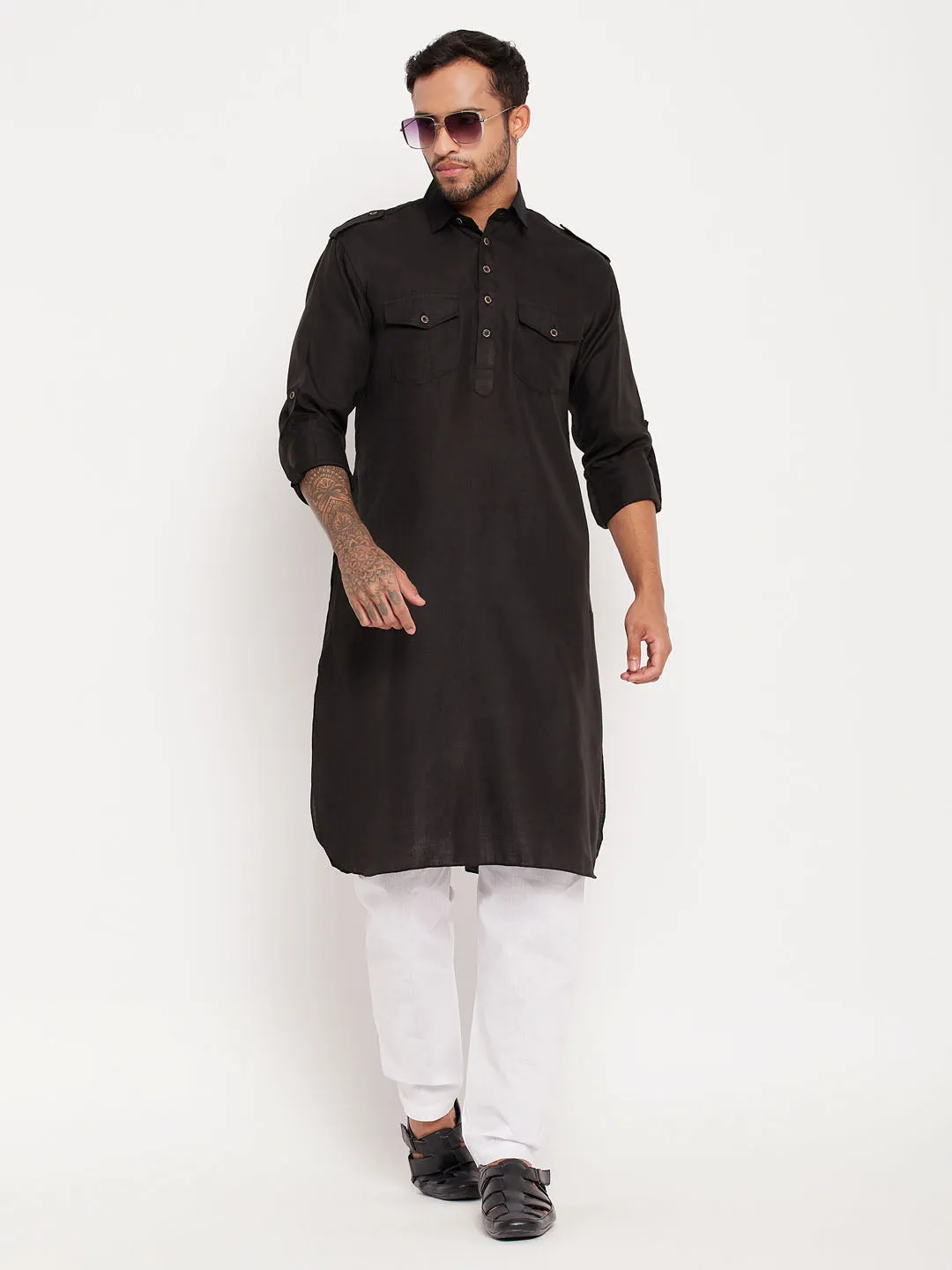 Jashvi Men's Black And White Cotton Blend Pathani Suit Set