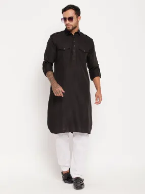 Jashvi Men's Black And White Cotton Blend Pathani Suit Set