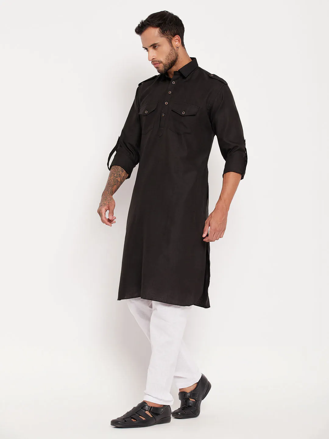 Jashvi Men's Black And White Cotton Blend Pathani Suit Set