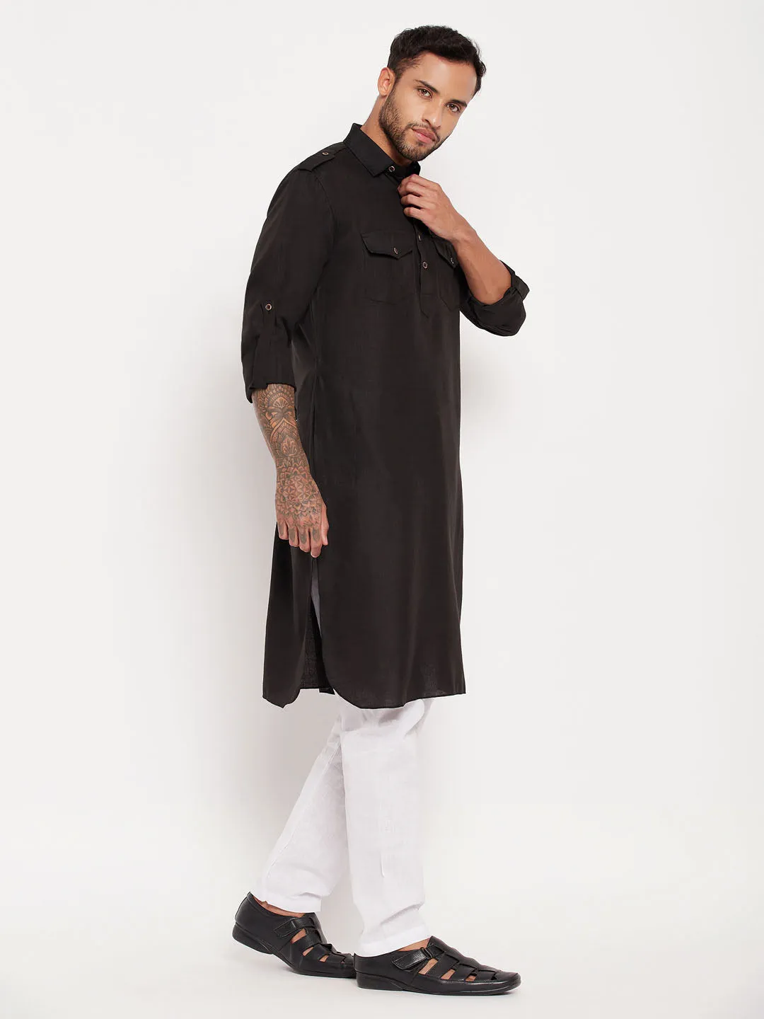 Jashvi Men's Black And White Cotton Blend Pathani Suit Set