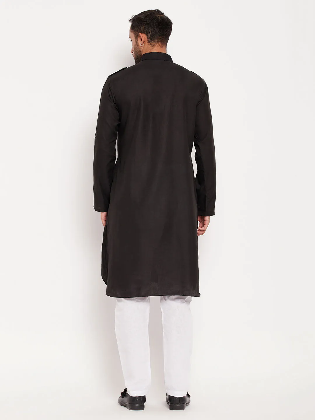 Jashvi Men's Black And White Cotton Blend Pathani Suit Set