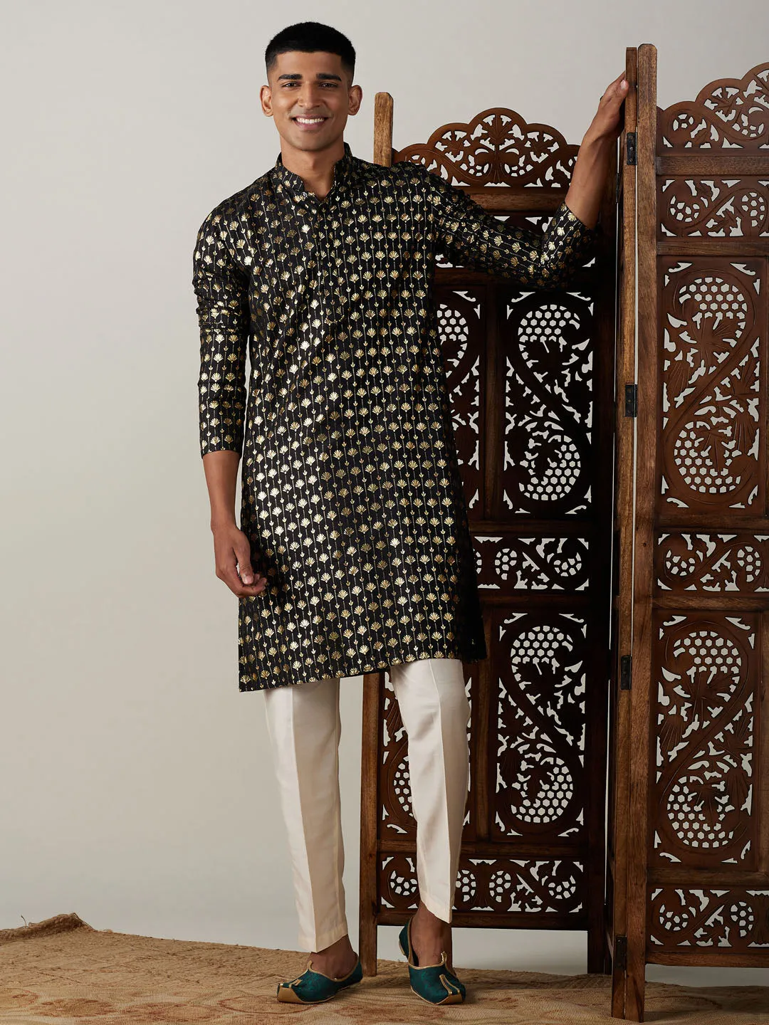 Jashvi Men's Black Foil Printed Kurta With Cream Pant Style Pyjama Set