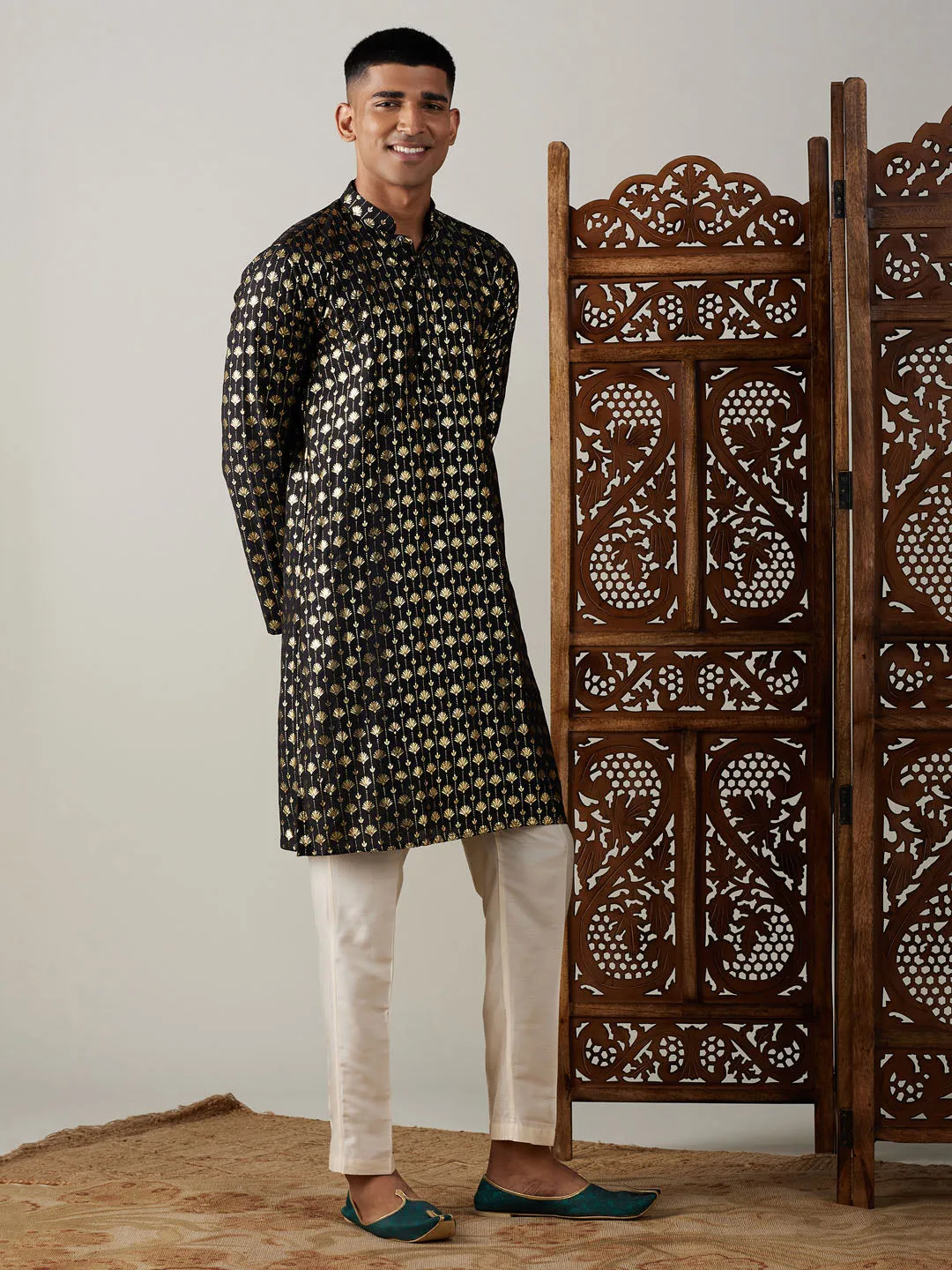 Jashvi Men's Black Foil Printed Kurta With Cream Pant Style Pyjama Set