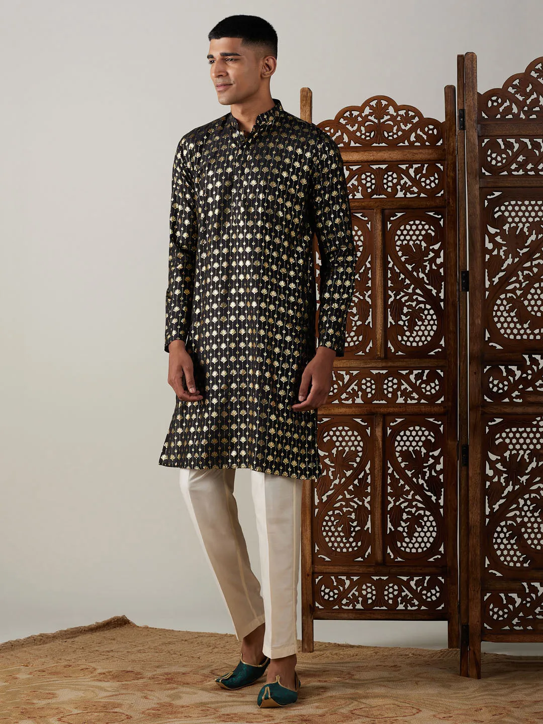 Jashvi Men's Black Foil Printed Kurta With Cream Pant Style Pyjama Set
