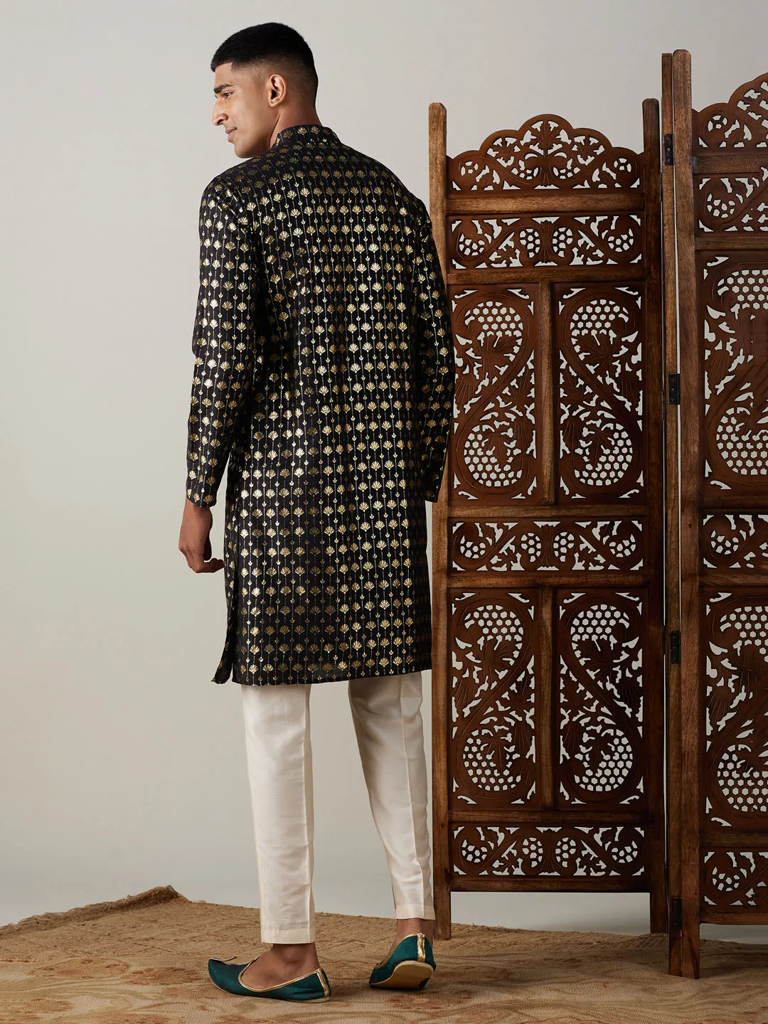 Jashvi Men's Black Foil Printed Kurta With Cream Pant Style Pyjama Set