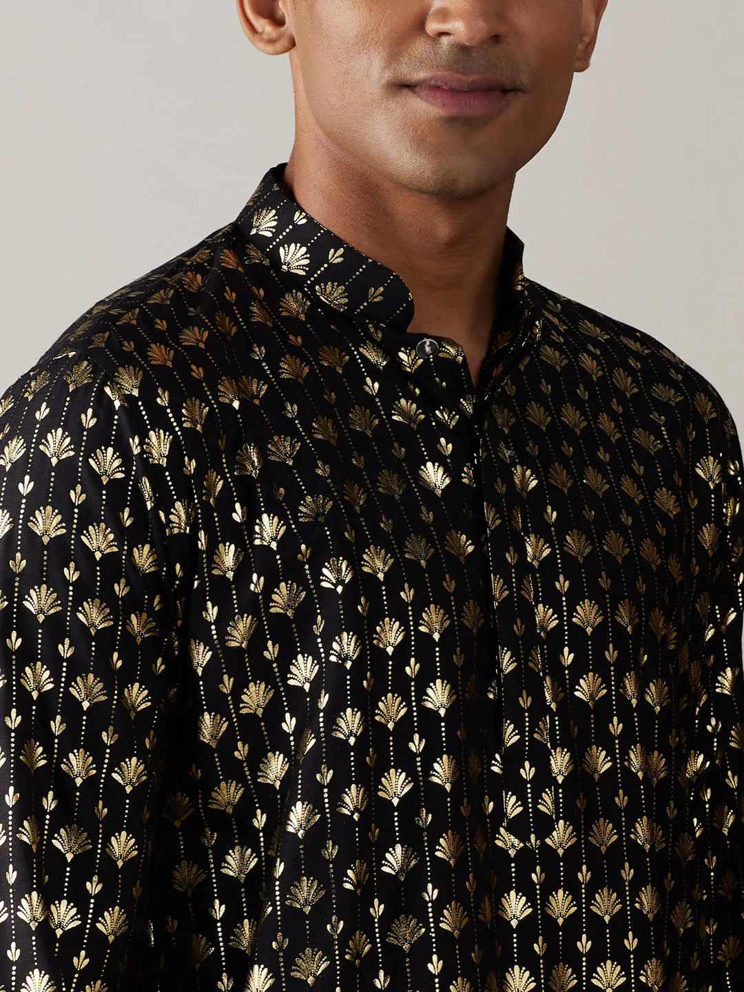 Jashvi Men's Black Foil Printed Kurta With Cream Pant Style Pyjama Set