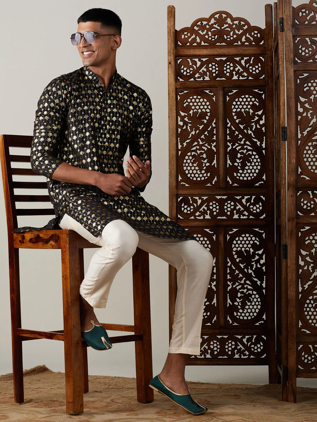 Jashvi Men's Black Foil Printed Kurta With Cream Pant Style Pyjama Set