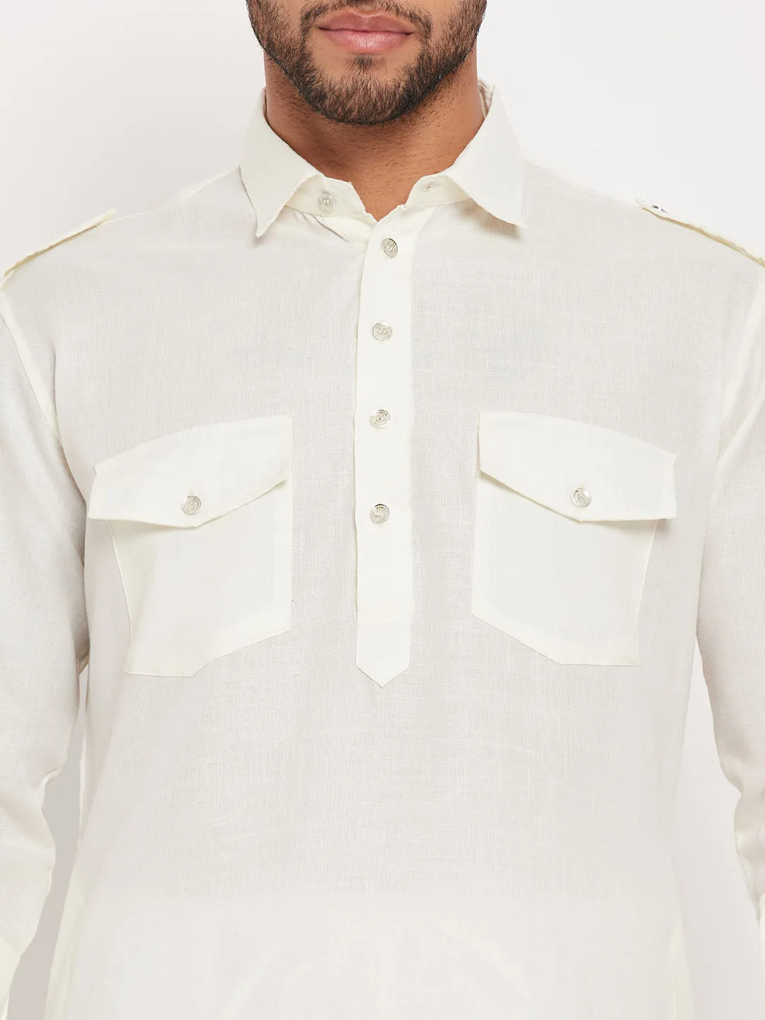 Jashvi Men's Cream And White Cotton Blend Pathani Suit Set