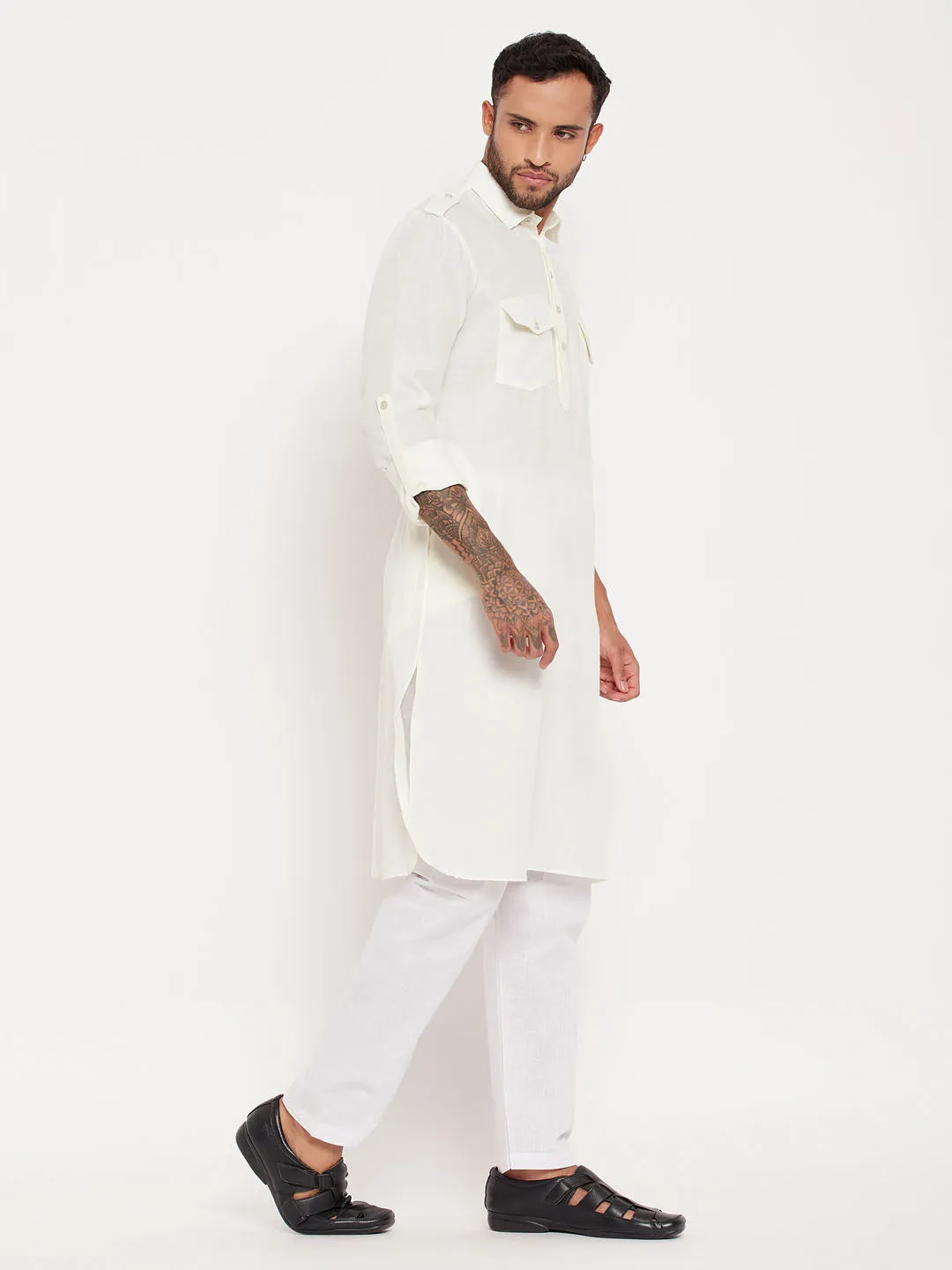 Jashvi Men's Cream And White Cotton Blend Pathani Suit Set