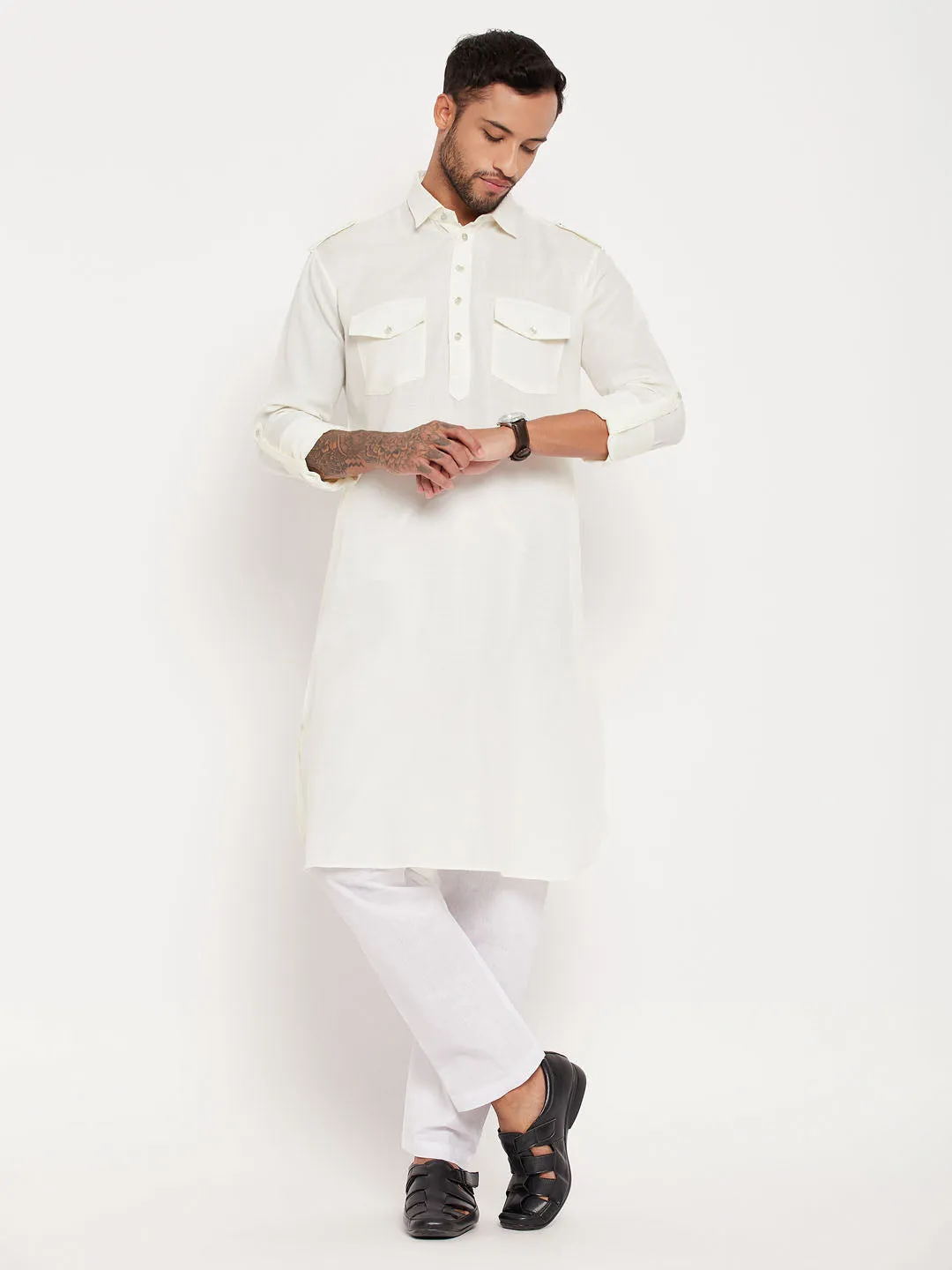 Jashvi Men's Cream And White Cotton Blend Pathani Suit Set