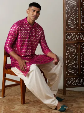 Jashvi Men's Dark Pink Foil Printed Kurta With Cream Patiala Set
