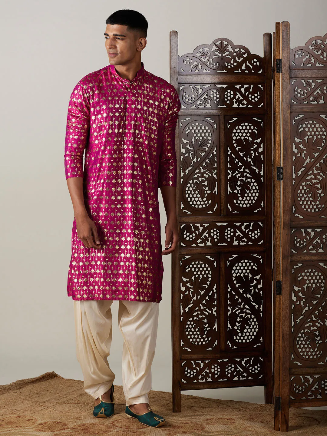 Jashvi Men's Dark Pink Foil Printed Kurta With Cream Patiala Set