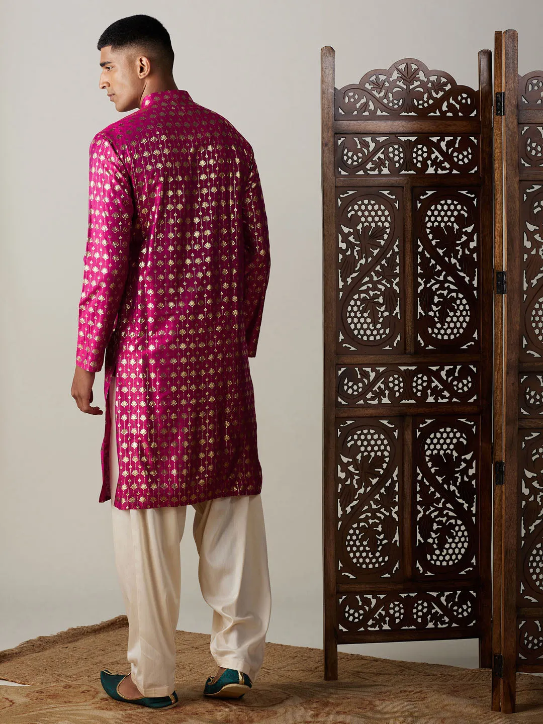 Jashvi Men's Dark Pink Foil Printed Kurta With Cream Patiala Set