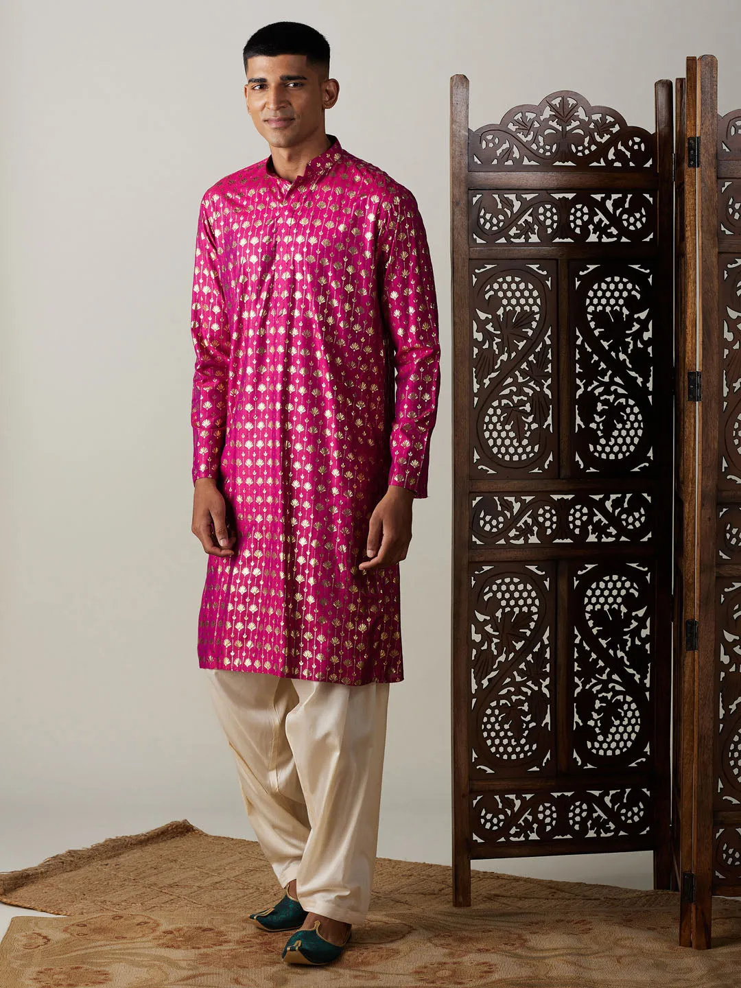 Jashvi Men's Dark Pink Foil Printed Kurta With Cream Patiala Set