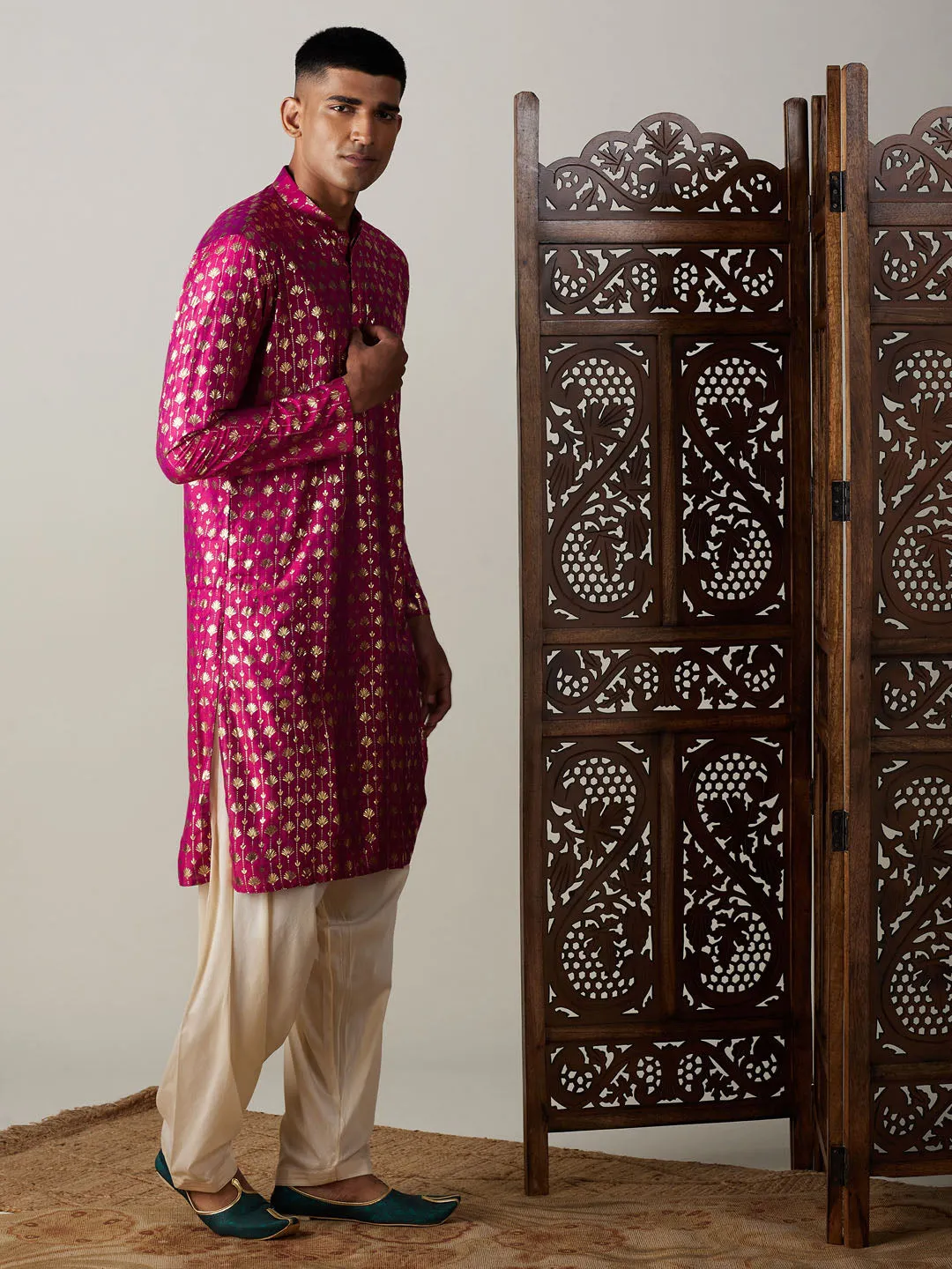 Jashvi Men's Dark Pink Foil Printed Kurta With Cream Patiala Set