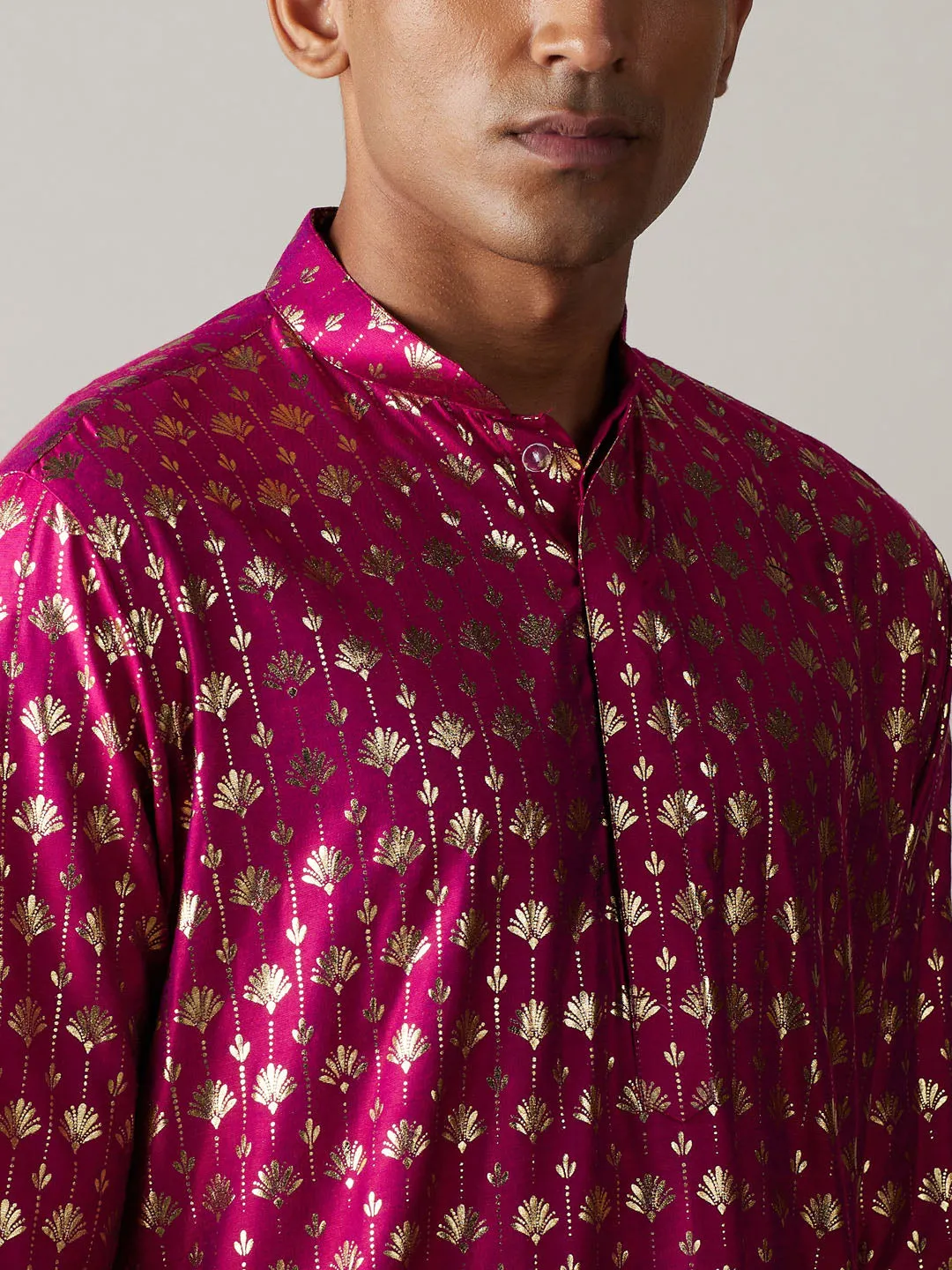 Jashvi Men's Dark Pink Foil Printed Kurta With Cream Patiala Set