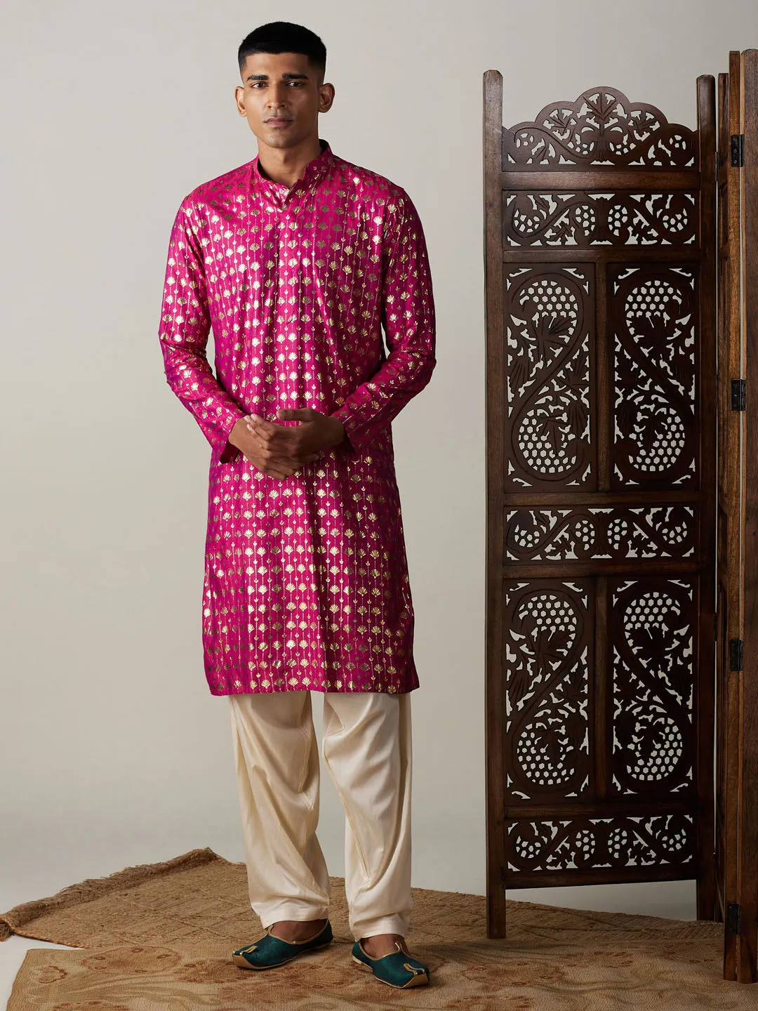 Jashvi Men's Dark Pink Foil Printed Kurta With Cream Patiala Set