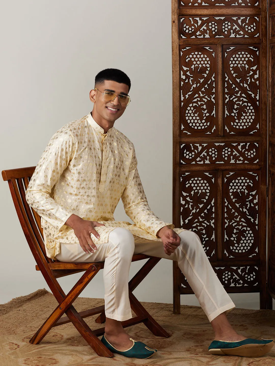 Jashvi Men's Gold Foil Printed Kurta With Cream Pant Style Pyjama Set