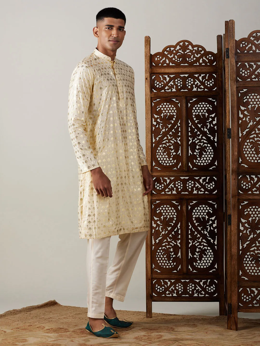 Jashvi Men's Gold Foil Printed Kurta With Cream Pant Style Pyjama Set