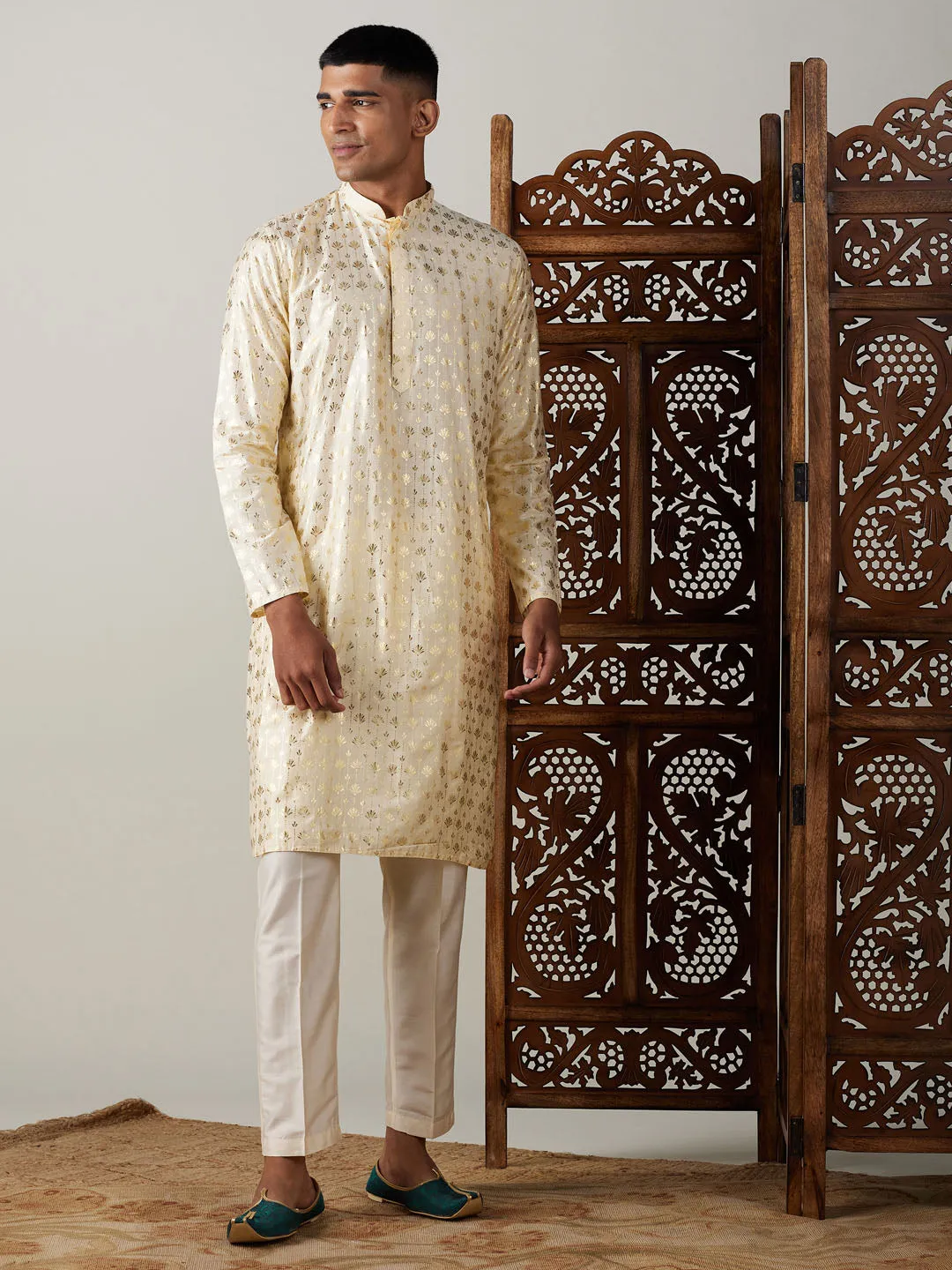 Jashvi Men's Gold Foil Printed Kurta With Cream Pant Style Pyjama Set