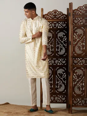 Jashvi Men's Gold Foil Printed Kurta With Cream Pant Style Pyjama Set