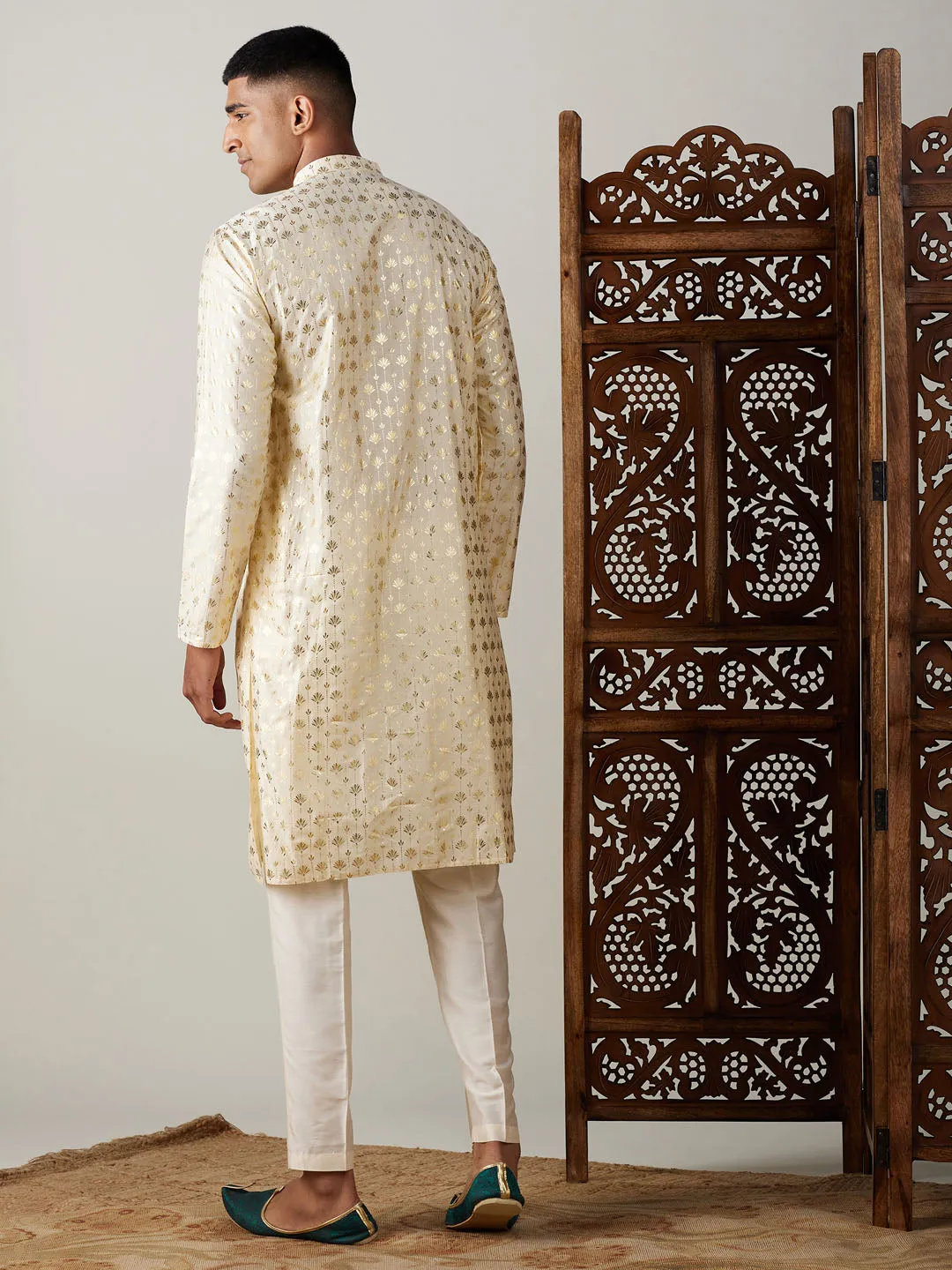 Jashvi Men's Gold Foil Printed Kurta With Cream Pant Style Pyjama Set