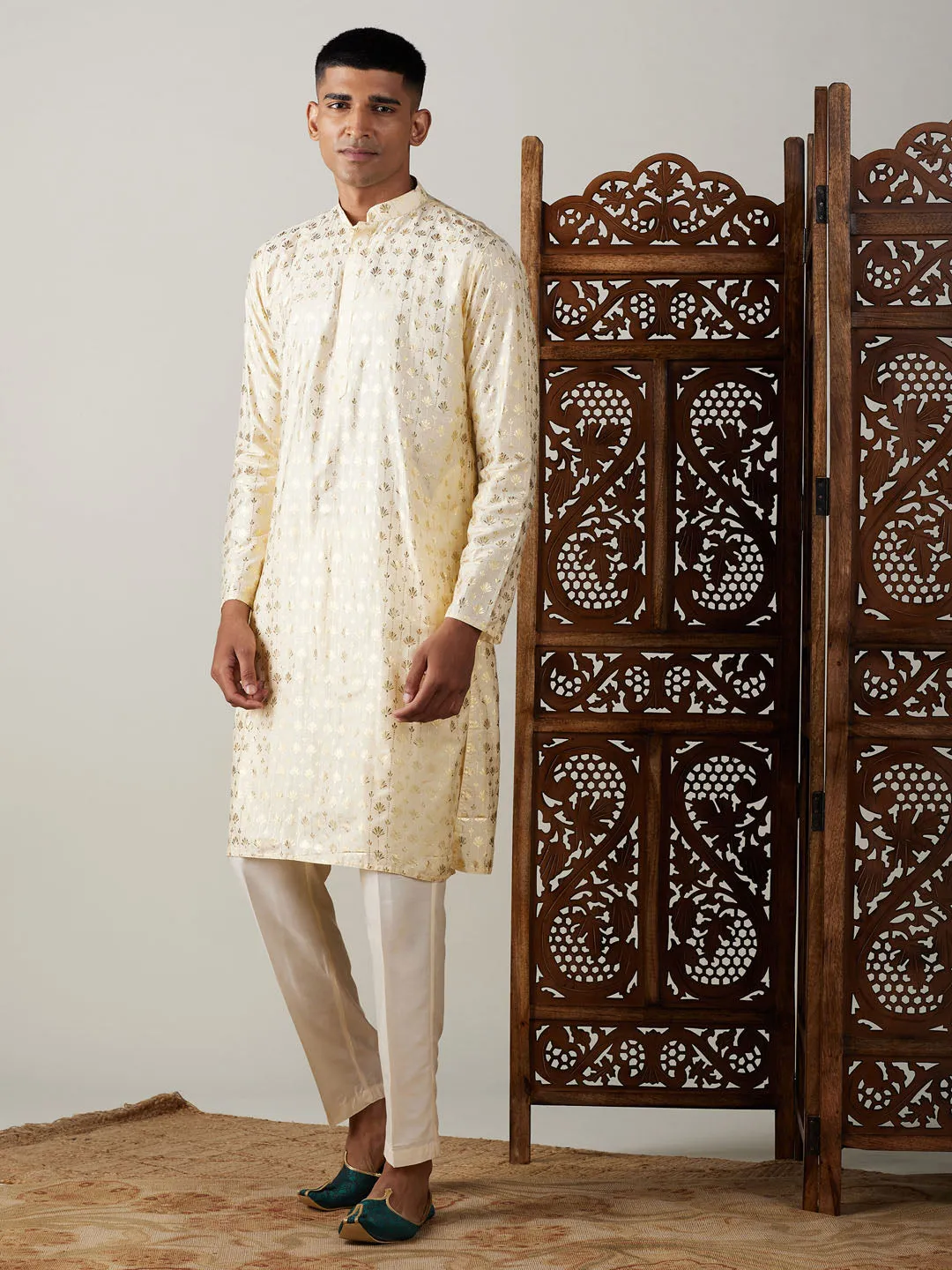 Jashvi Men's Gold Foil Printed Kurta With Cream Pant Style Pyjama Set