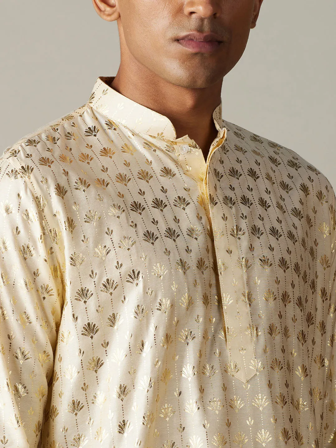 Jashvi Men's Gold Foil Printed Kurta With Cream Pant Style Pyjama Set