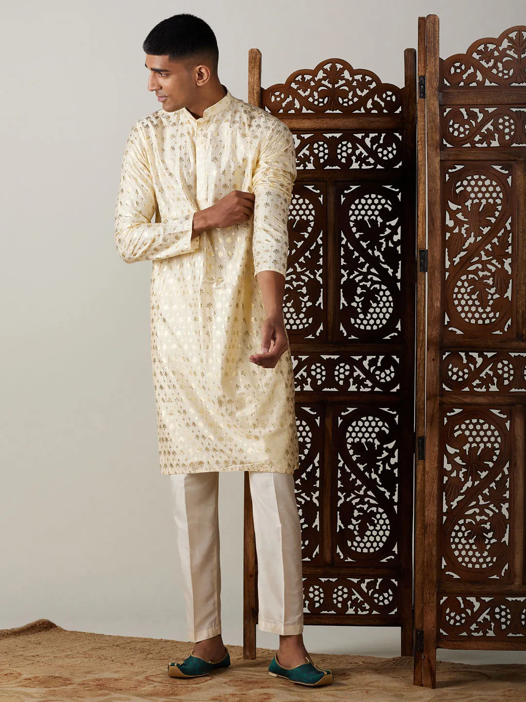 Jashvi Men's Gold Foil Printed Kurta With Cream Pant Style Pyjama Set
