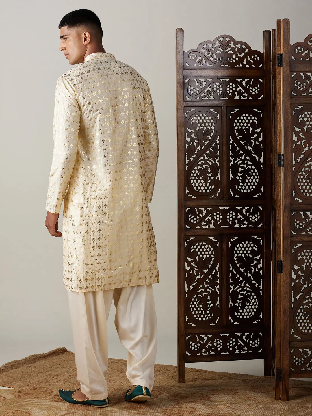 Jashvi Men's Gold Foil Printed Kurta With Cream Patiala Set