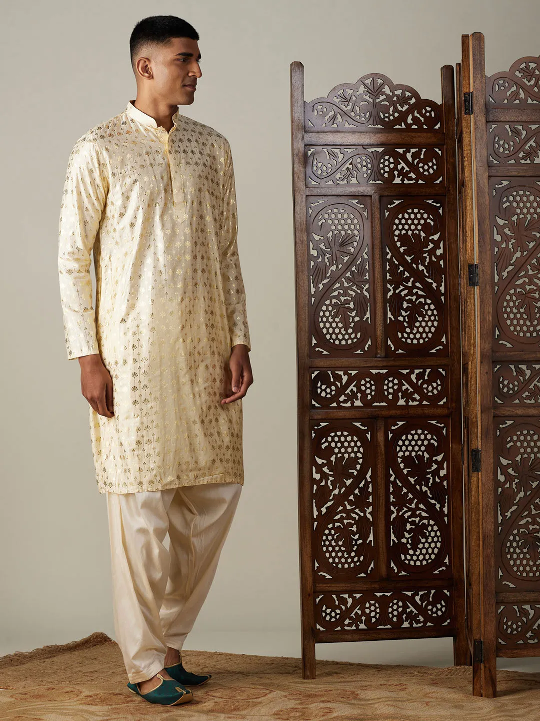 Jashvi Men's Gold Foil Printed Kurta With Cream Patiala Set