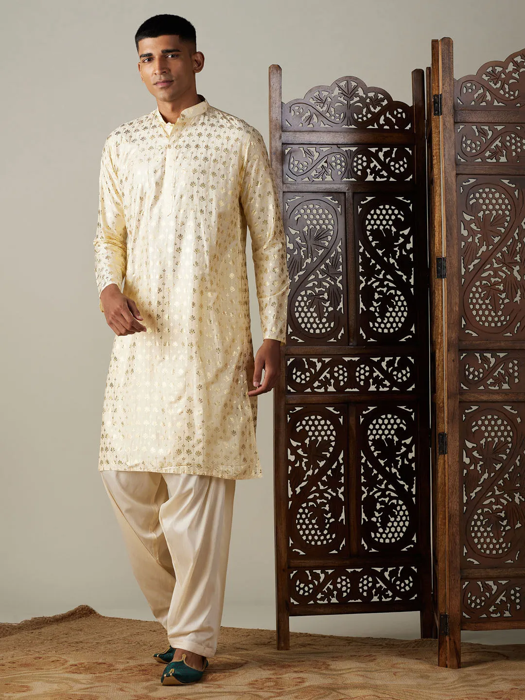 Jashvi Men's Gold Foil Printed Kurta With Cream Patiala Set