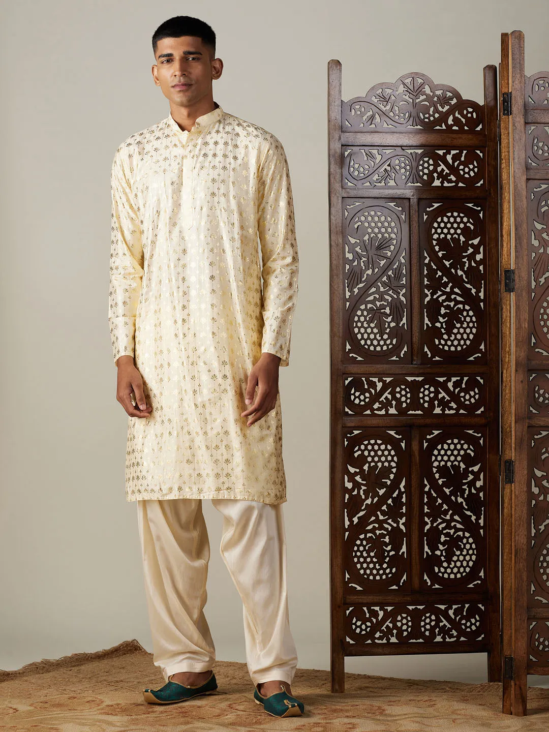 Jashvi Men's Gold Foil Printed Kurta With Cream Patiala Set