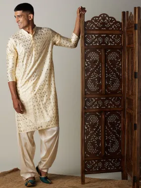 Jashvi Men's Gold Foil Printed Kurta With Cream Patiala Set