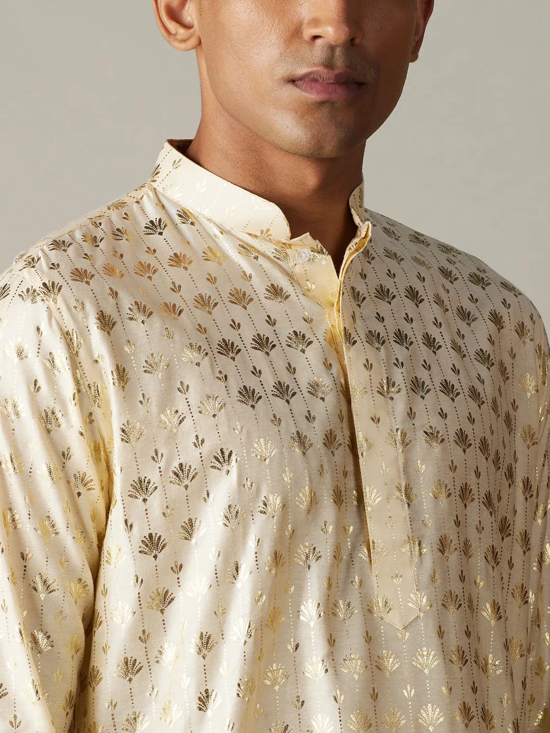 Jashvi Men's Gold Foil Printed Kurta With Cream Patiala Set