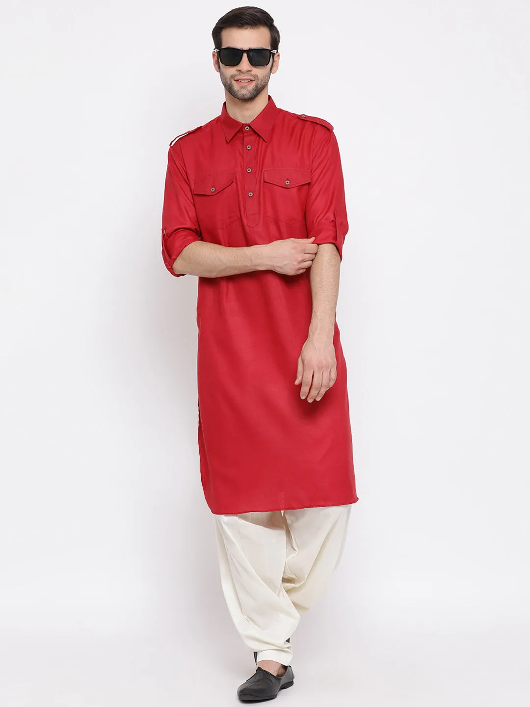 Jashvi Men's Maroon Cotton Blend Pathani Suit Set
