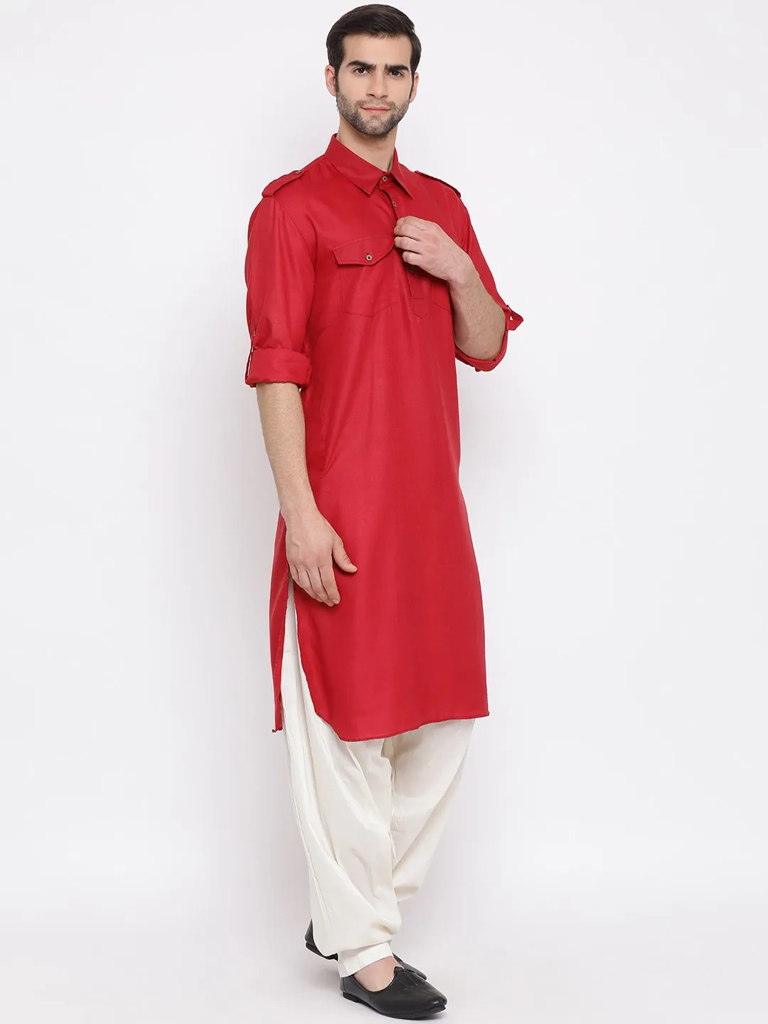 Jashvi Men's Maroon Cotton Blend Pathani Suit Set