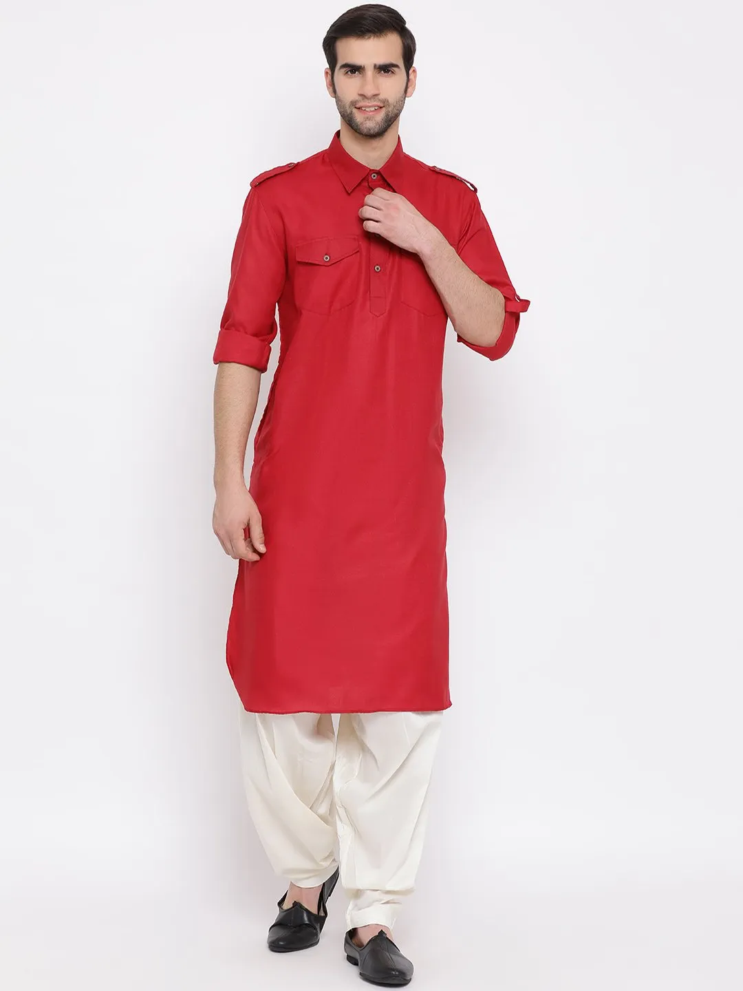 Jashvi Men's Maroon Cotton Blend Pathani Suit Set