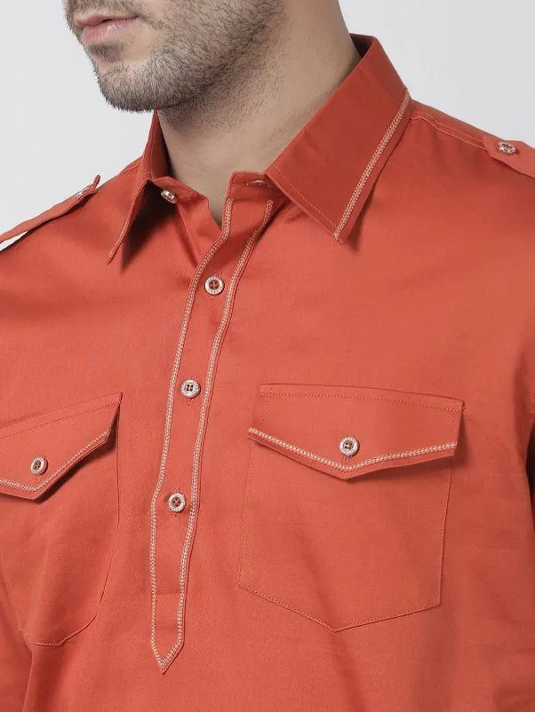 Jashvi Men's Orange Cotton Blend Pathani Suit Set