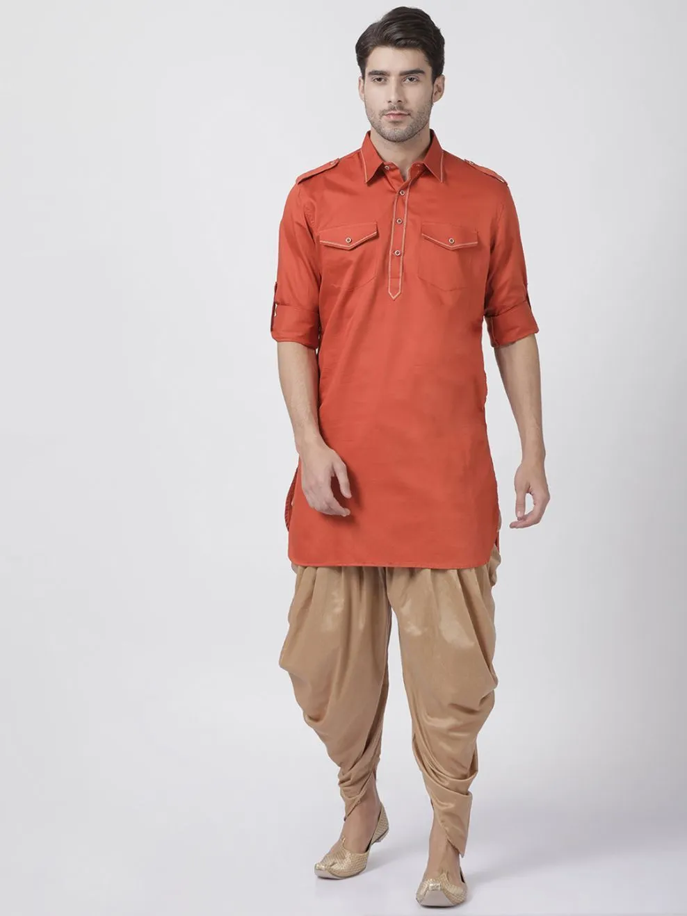 Jashvi Men's Orange Cotton Blend Pathani Suit Set