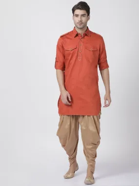 Jashvi Men's Orange Cotton Blend Pathani Suit Set