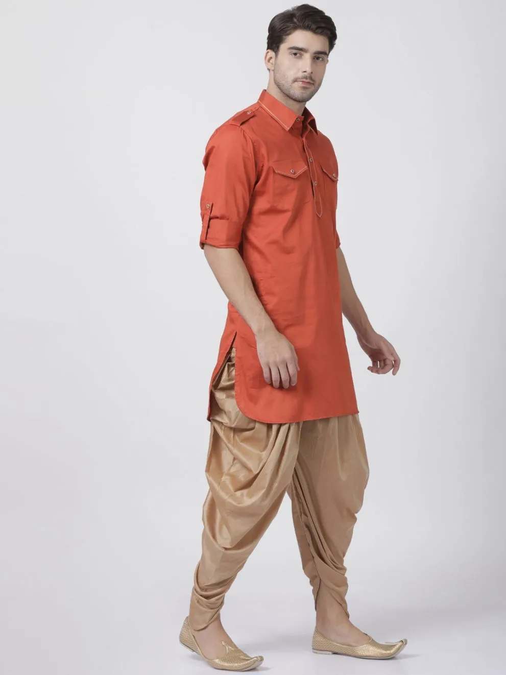 Jashvi Men's Orange Cotton Blend Pathani Suit Set