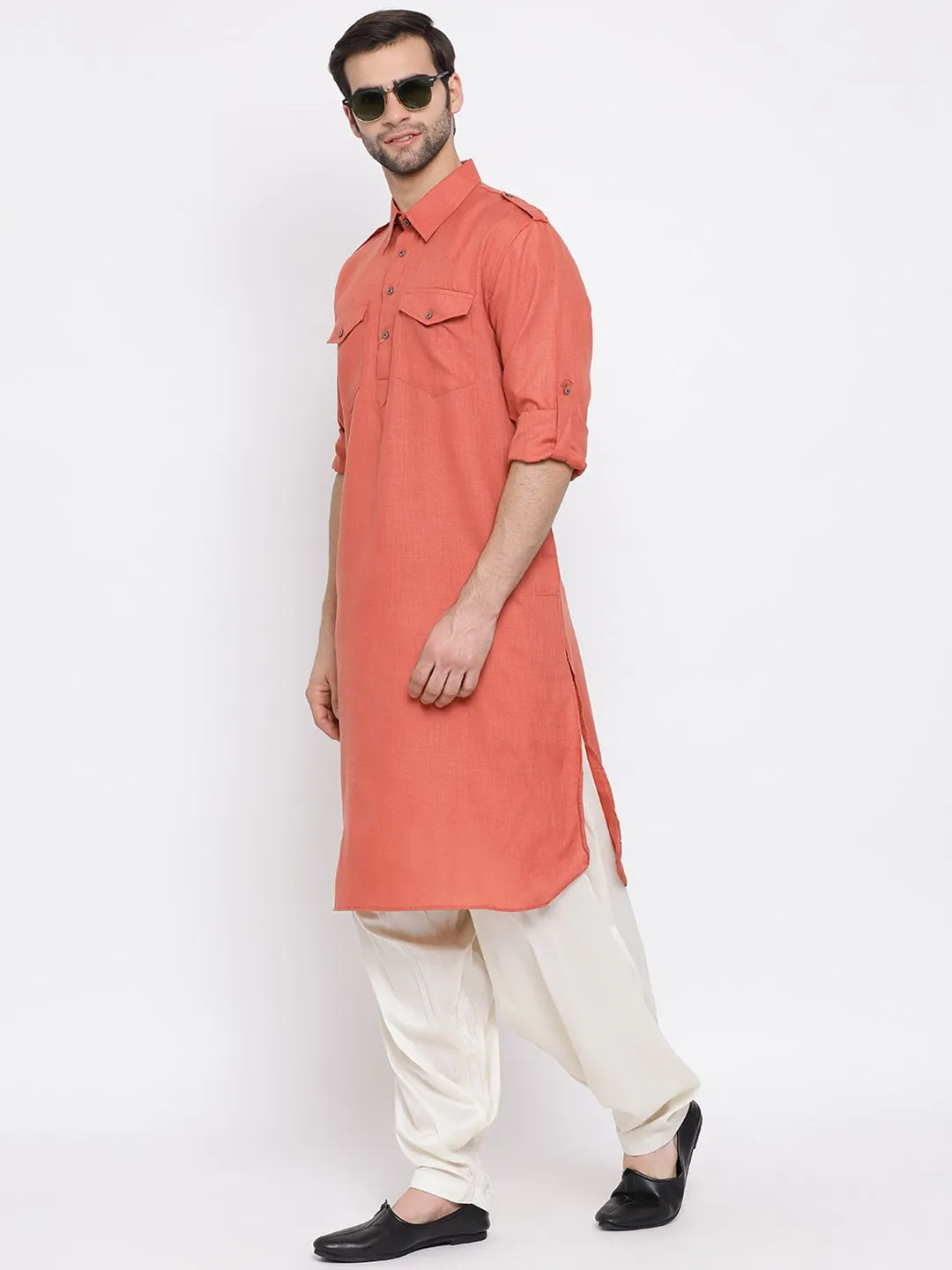 Jashvi Men's Pink Cotton Blend Pathani Suit Set