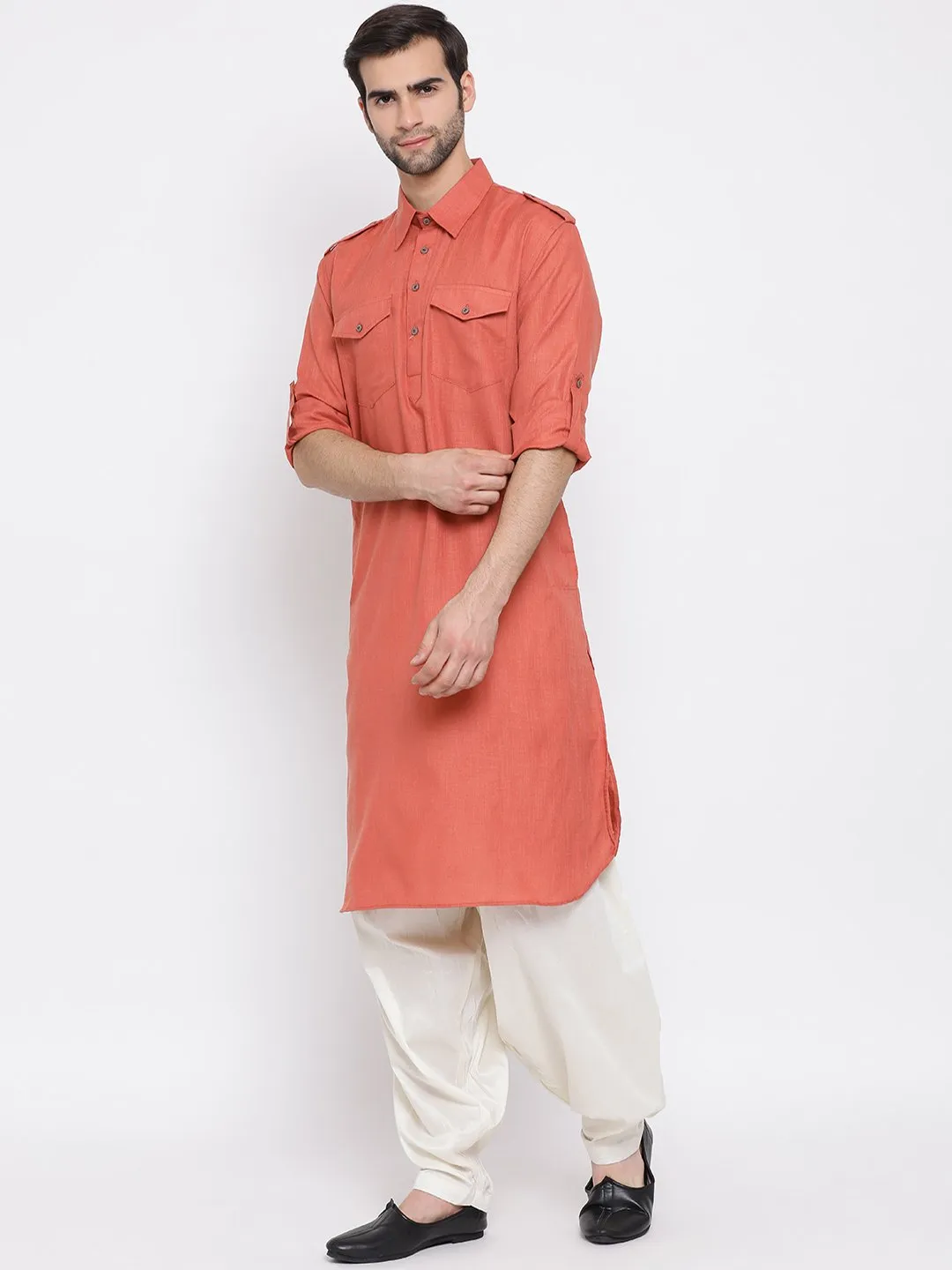 Jashvi Men's Pink Cotton Blend Pathani Suit Set